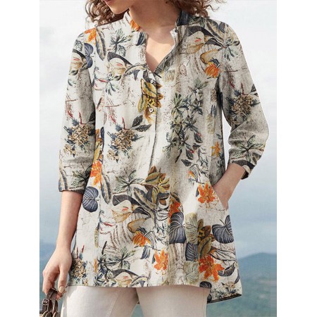 Women 100% Cotton V-Neck Floral Top Vintage Button Cuffs Three Quarter Sleeve Shirt