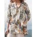 Women 100% Cotton V-Neck Floral Top Vintage Button Cuffs Three Quarter Sleeve Shirt