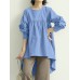 Women Puff Sleeve Loose Pleated Spliced Solid Back Button Casual Shirts