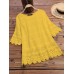 Women Pure Color Embroidery Hollow Half Sleeve Blouse