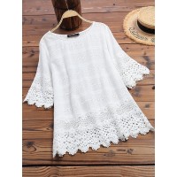 Women Pure Color Embroidery Hollow Half Sleeve Blouse