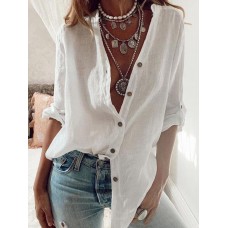 Women Simple Solid Color Long Sleeve Button Casual Shirt