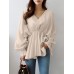 Women Solid Color V-Neck Puff Sleeve Ruffles Hem Casual Blouse