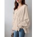 Women Solid Color V-Neck Puff Sleeve Ruffles Hem Casual Blouse