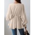 Women Solid Color V-Neck Puff Sleeve Ruffles Hem Casual Blouse