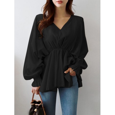 Women Solid Color V-Neck Puff Sleeve Ruffles Hem Casual Blouse