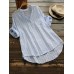 Women Stripe V-neck Buttons 3/4 Fold Sleeve Irregular Blouse