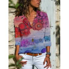 Women Vintage Ethnic Printed Tie Dye Lapel Collar Long Sleeve Shirt