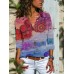 Women Vintage Ethnic Printed Tie Dye Lapel Collar Long Sleeve Shirt