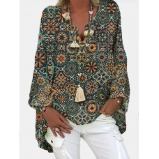 Women Vintage Geometric Printed V-Neck Loose Blouses