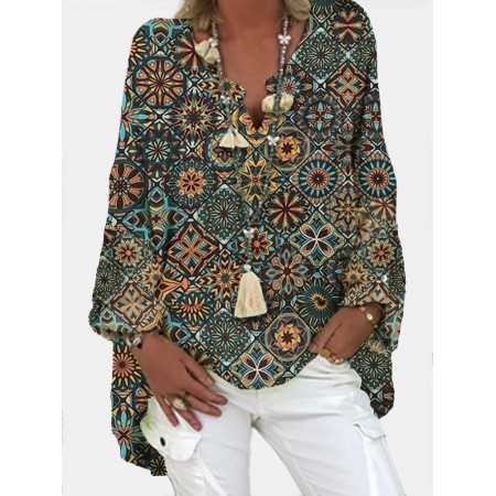 Women Vintage Geometric Printed V-Neck Loose Blouses